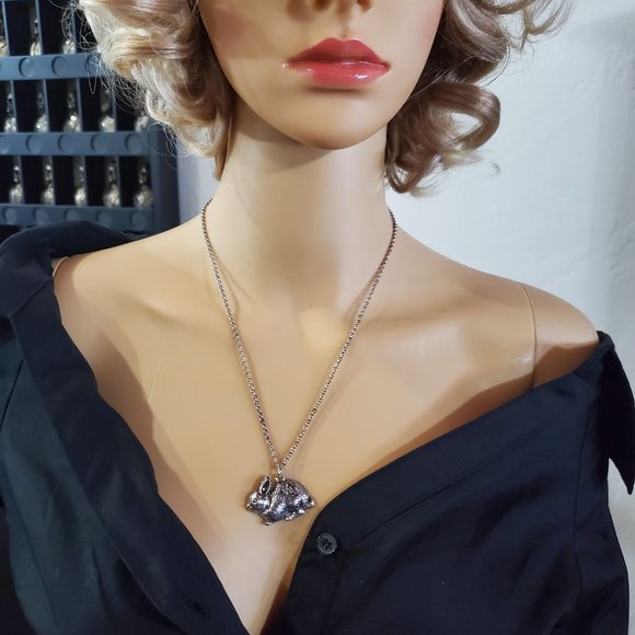 Bunny Rabbit Necklace - Copper Alloy Plated in Antique Silver - 17" chain - Picture 5 of 10